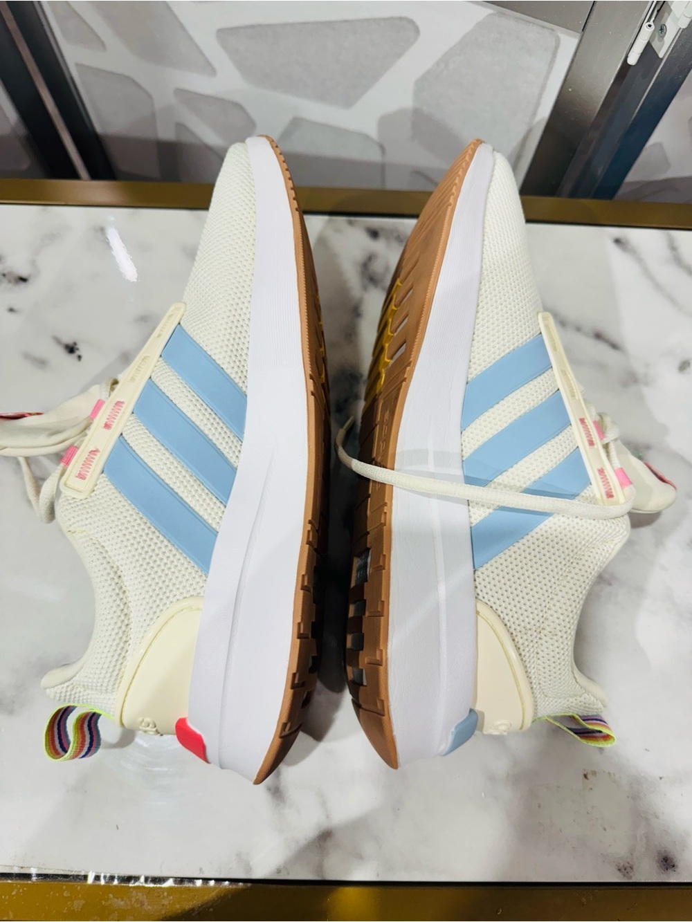 adidas Women’s Cream Sneakers with Light Blue Stripes and Rainbow Heel - Picture 4 of 9